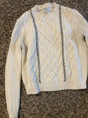 La Ligne Cream Cable Knit Sweater with Navy Braid Trim